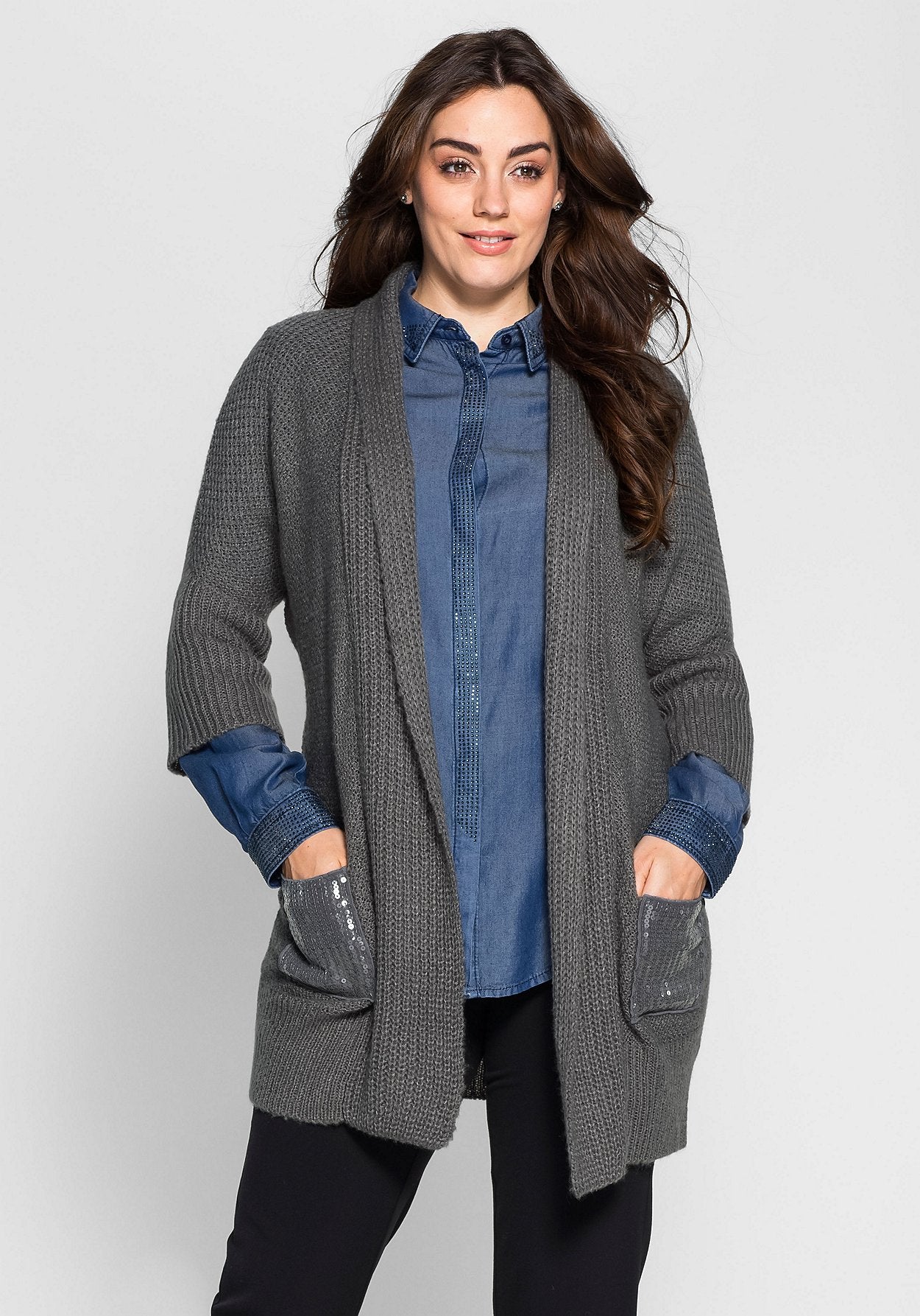 longstrickjacke - grau