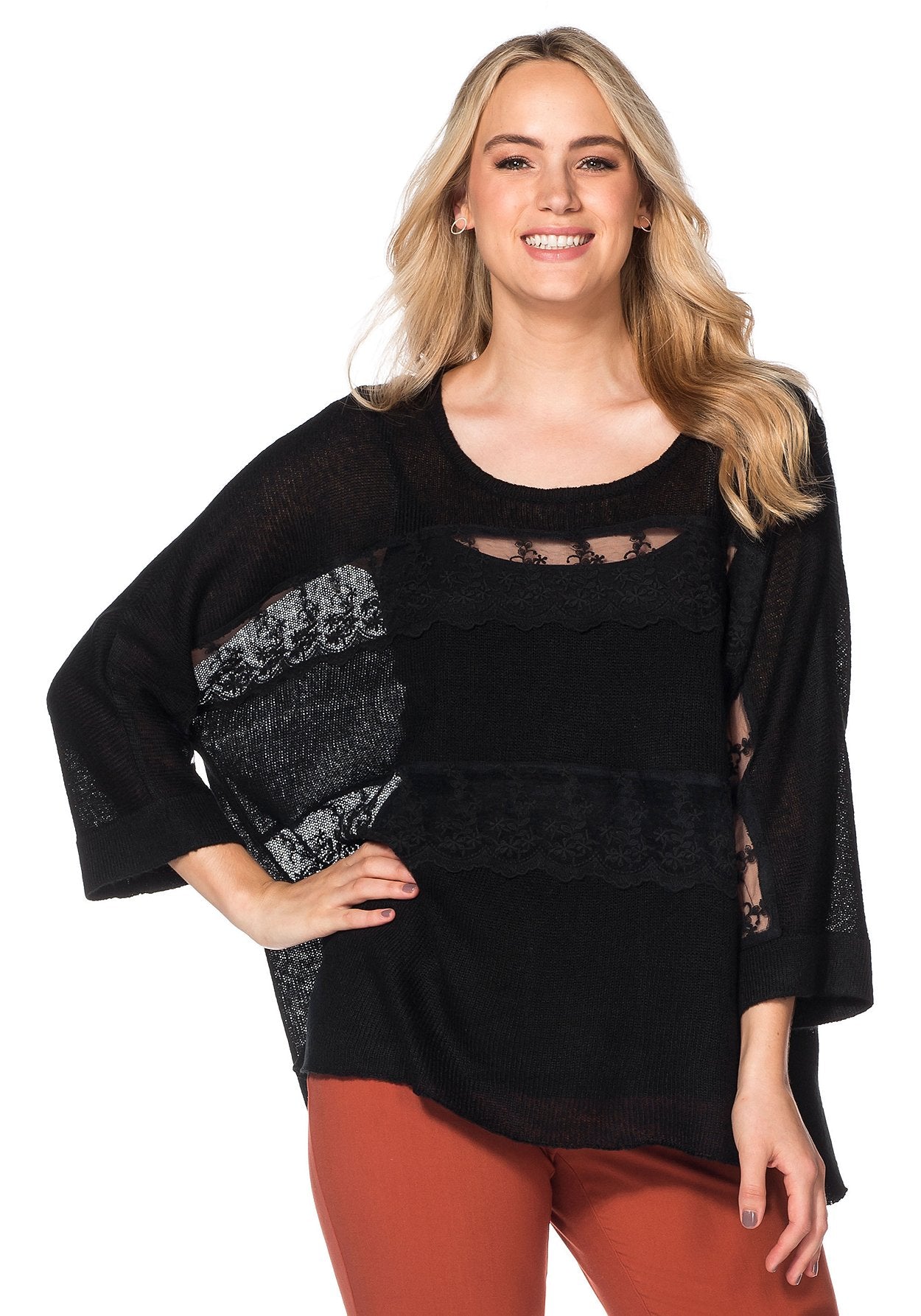 oversize-pullover mit spitzeneinsatz - schwarz