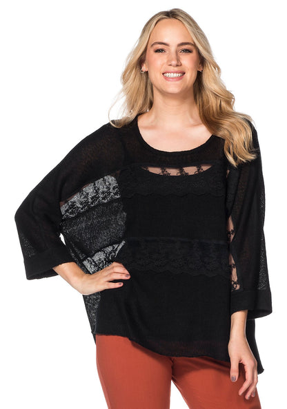 Oversize-Pullover mit Spitzeneinsatz - schwarz