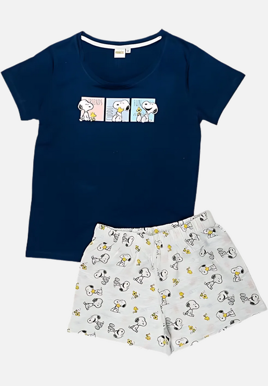 Pyjama Set Kurz für Damen - blau/grau